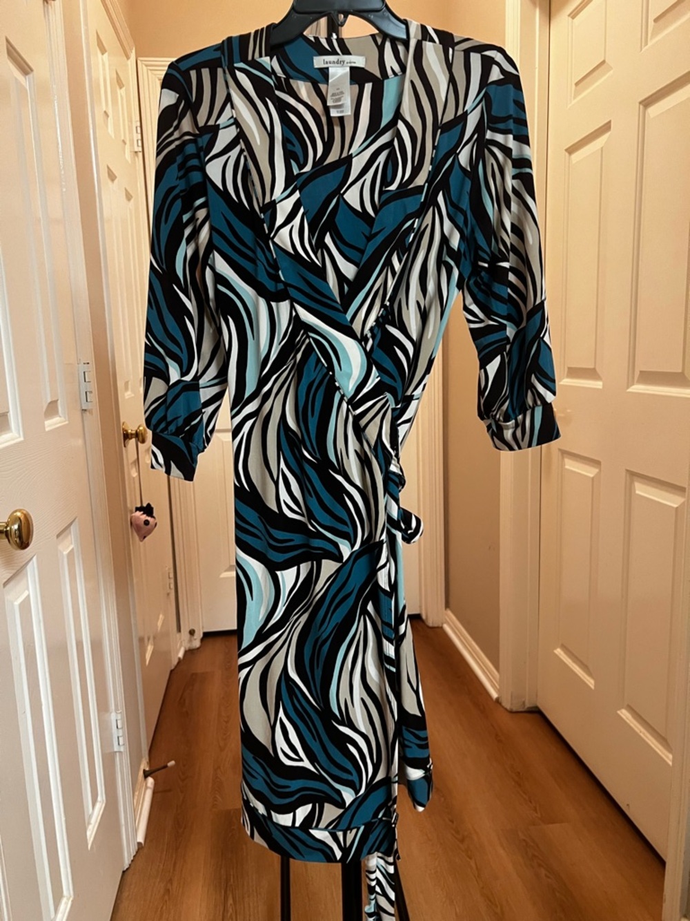 Laundry By Shelli Segal Teal, Black & White Abstract Wrap Midi Dress